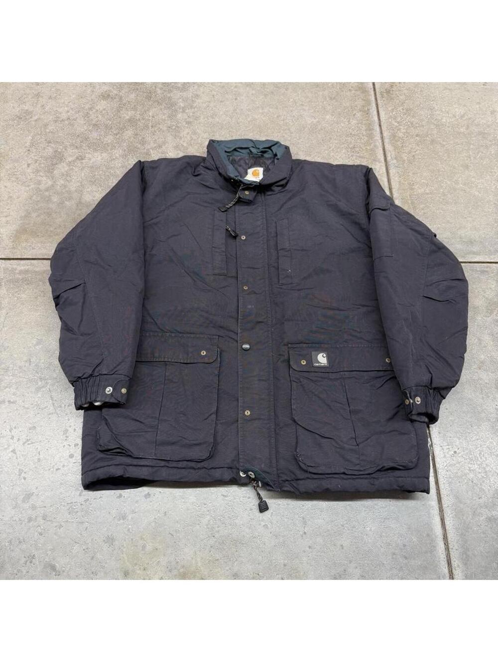 vintage carhartt black nylon full zip utility bomber jacket size large